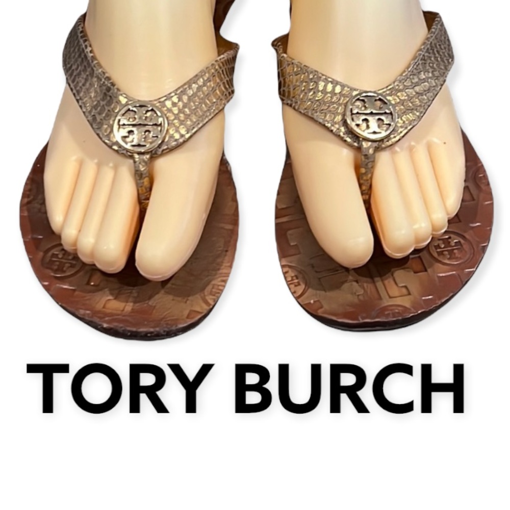 Authentic Tory Burch signature gold leather designer sandals sz 5